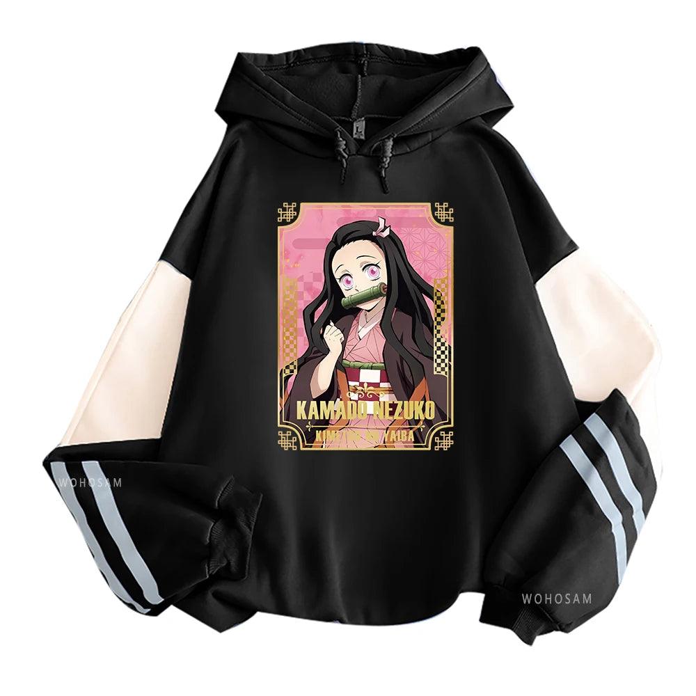 Demon Slayer Nezuko Striped Sleeve Hoodies (4 Colors) - AnimeGo Store