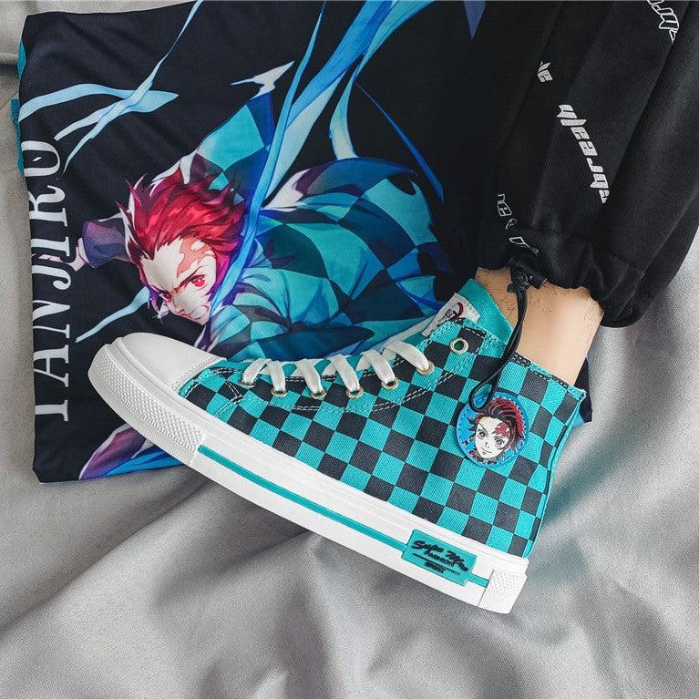 Demon Slayer Tanjiro Checkered High Top Canvas Shoes / Sneakers - AnimeGo Store