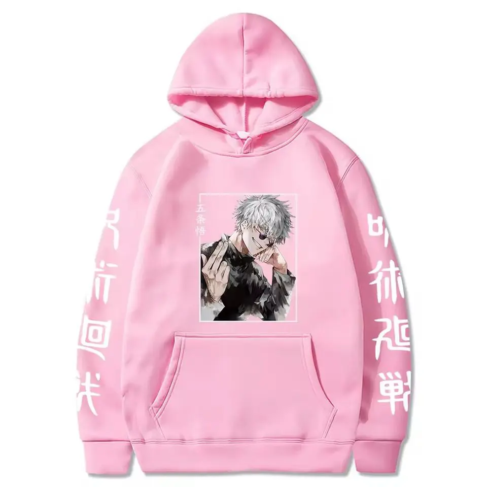 Pink hoodie with a square anime print of a white-haired character on the chest; white kanji text runs down both sleeves.