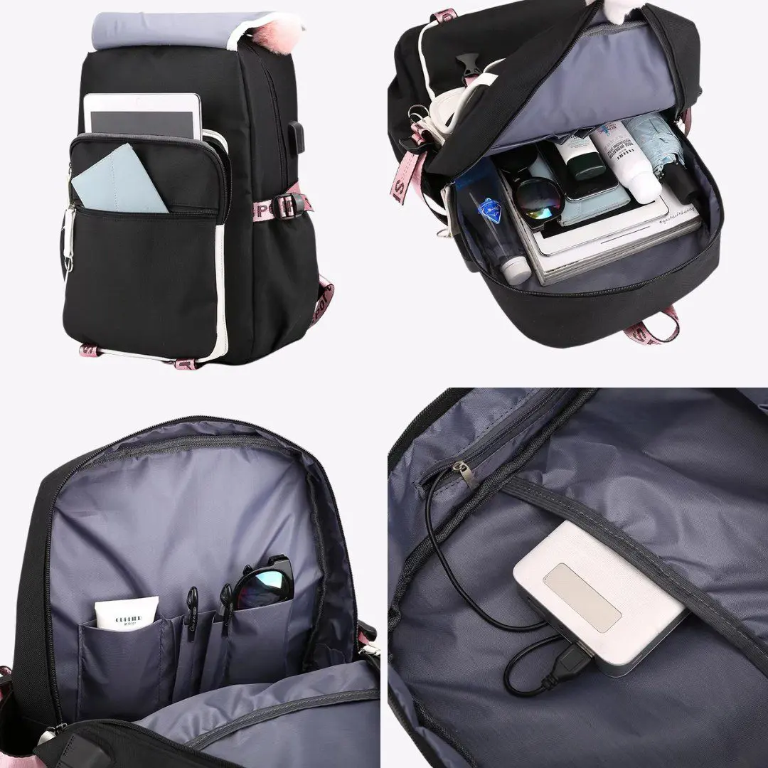 Backpack unzipped and packed with gadgets and accessories: tablet, passport, phone, cables, and sunglasses in organized front and side pockets, showing its multi-pocket design.