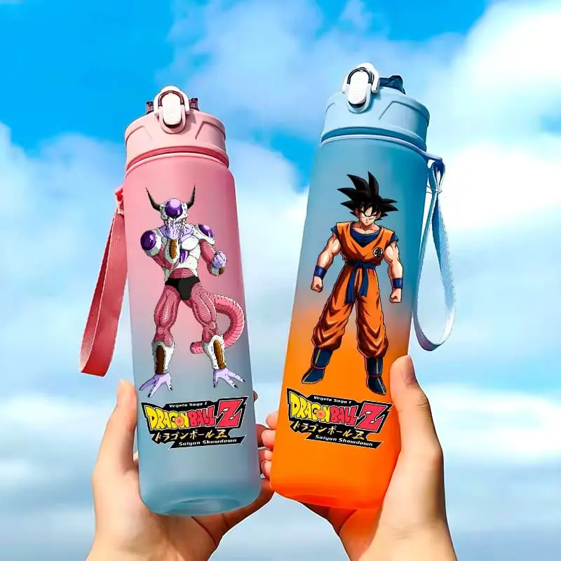 Two Dragon Ball Z water bottles held up against a bright blue sky: Cooler on the pink bottle and Goku on the orange bottle, with straps visible.
