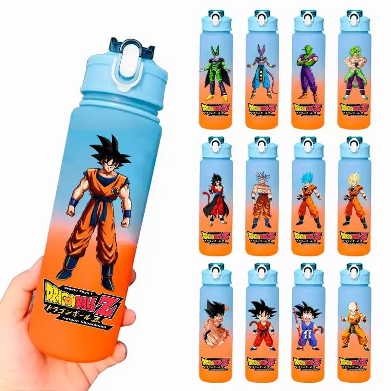 Dragon Ball Z themed water bottle with an orange-to-blue gradient and a Goku figure on the label, held in a hand. Several character-filled bottles arranged in a grid next to it.