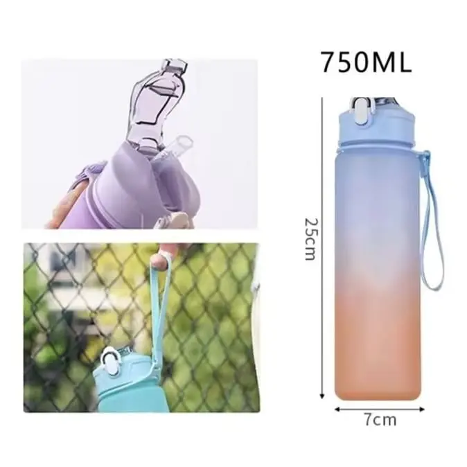 Gradient blue-to-peach 750ml water bottle with a carrying strap and flip lid, shown with dimensions (25 cm tall, 7 cm wide).