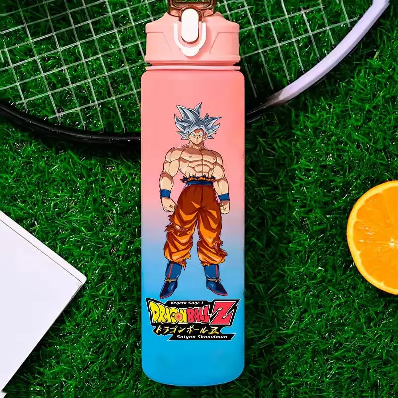 Dragon Ball Z themed water bottle with a gradient pink-to-blue background and Goku in orange gi, plus the logo at the bottom.