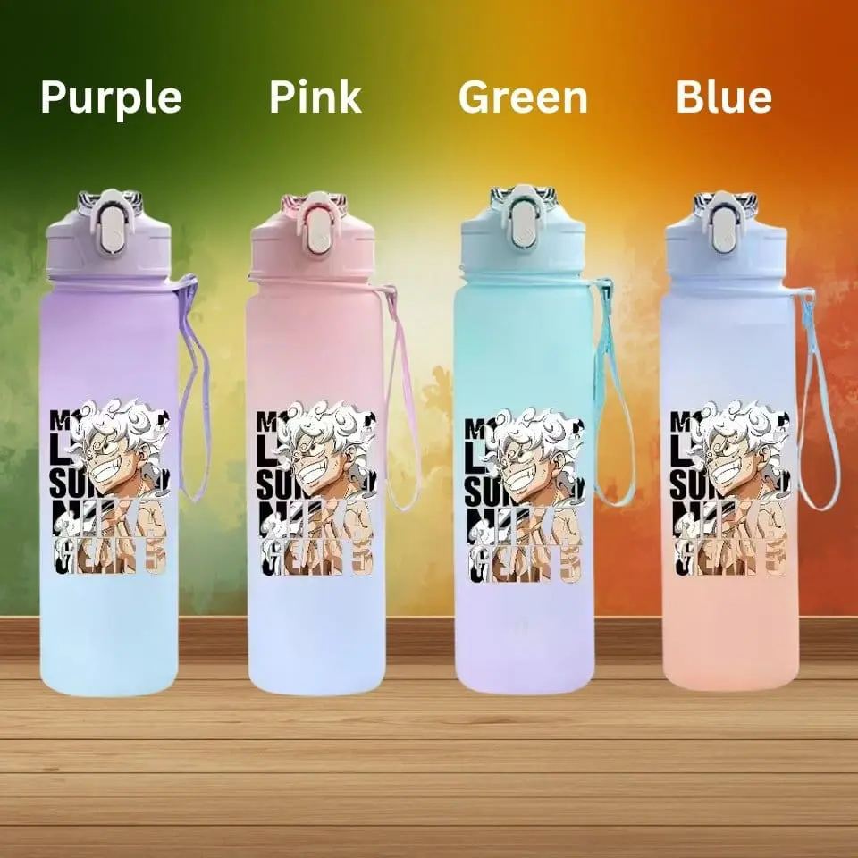 Four pastel water bottles lined up on a wooden surface with a rainbow gradient background labeled Purple, Pink, Green, Blue.