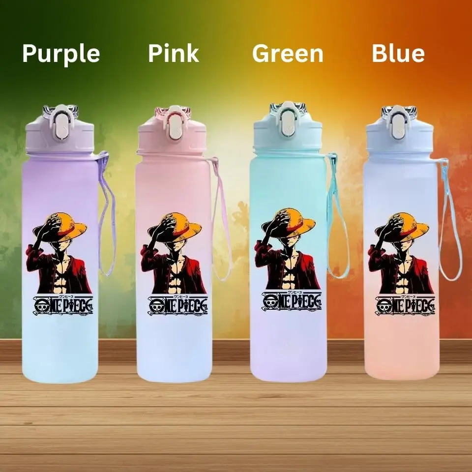Row of four pastel water bottles in purple, pink, green, and blue, each with a One Piece logo and a character in a hat against a colorful gradient background.