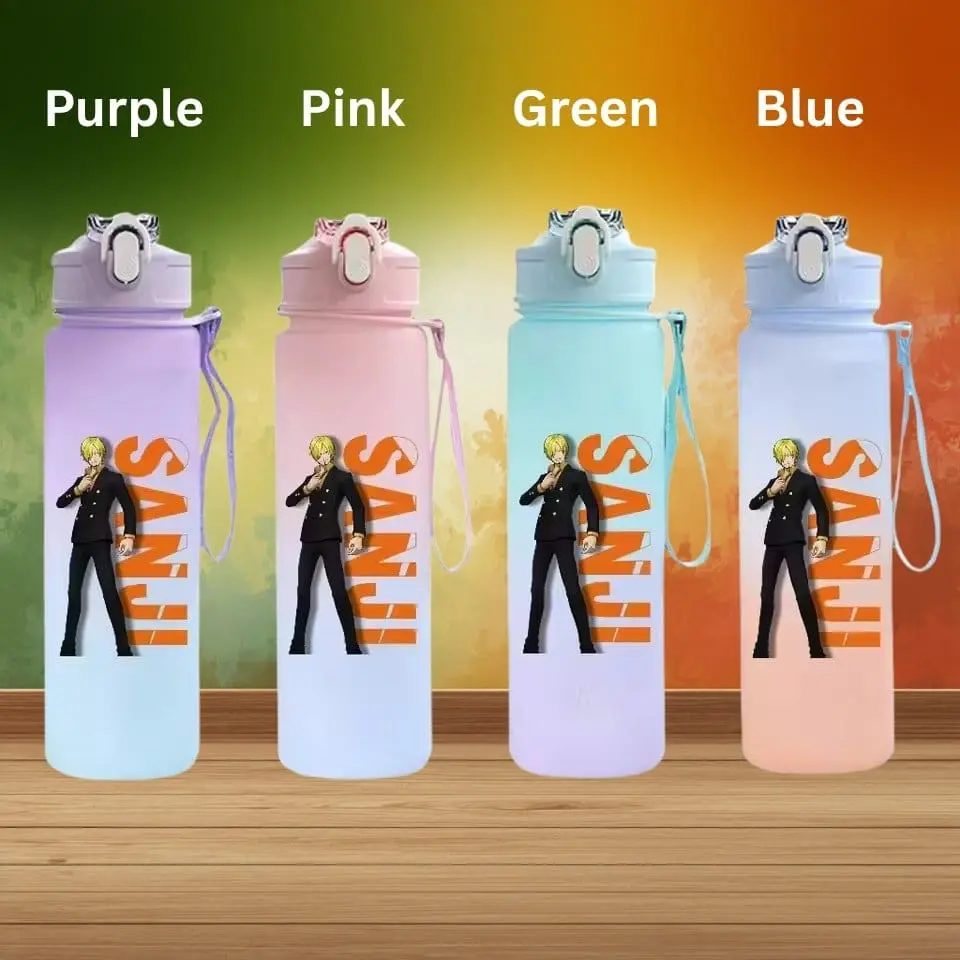 Four colorful water bottles in purple, pink, green, and blue lined up on a wooden surface, each featuring a cartoon man in a suit and orange 'HANDS' text.
