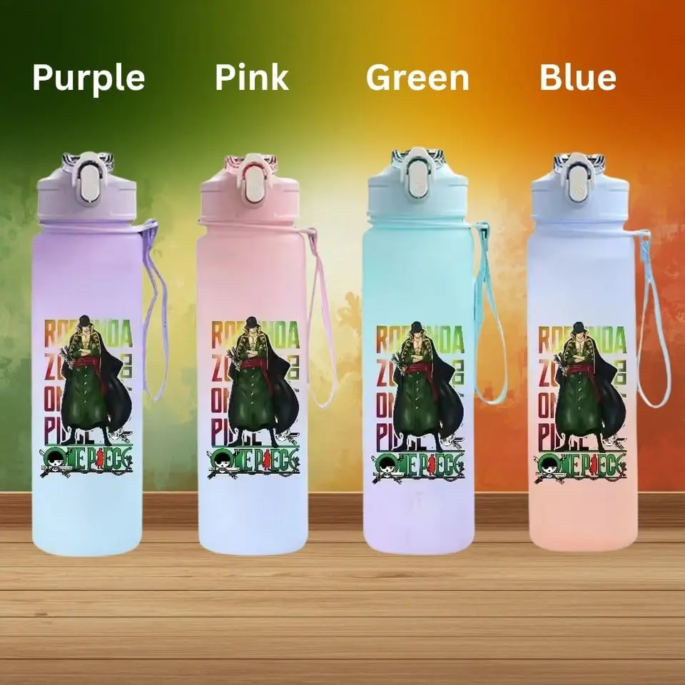 Four pastel-colored water bottles in purple, pink, green, and blue from left to right, each with a pirate-themed sticker and a green, pink, or gradient background.