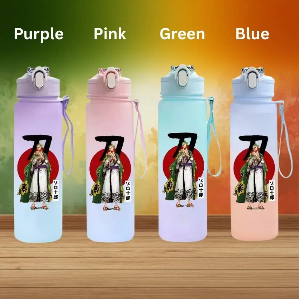 Four colorful water bottles (purple, pink, green, blue) with a Japanese artwork decal on a wooden surface.