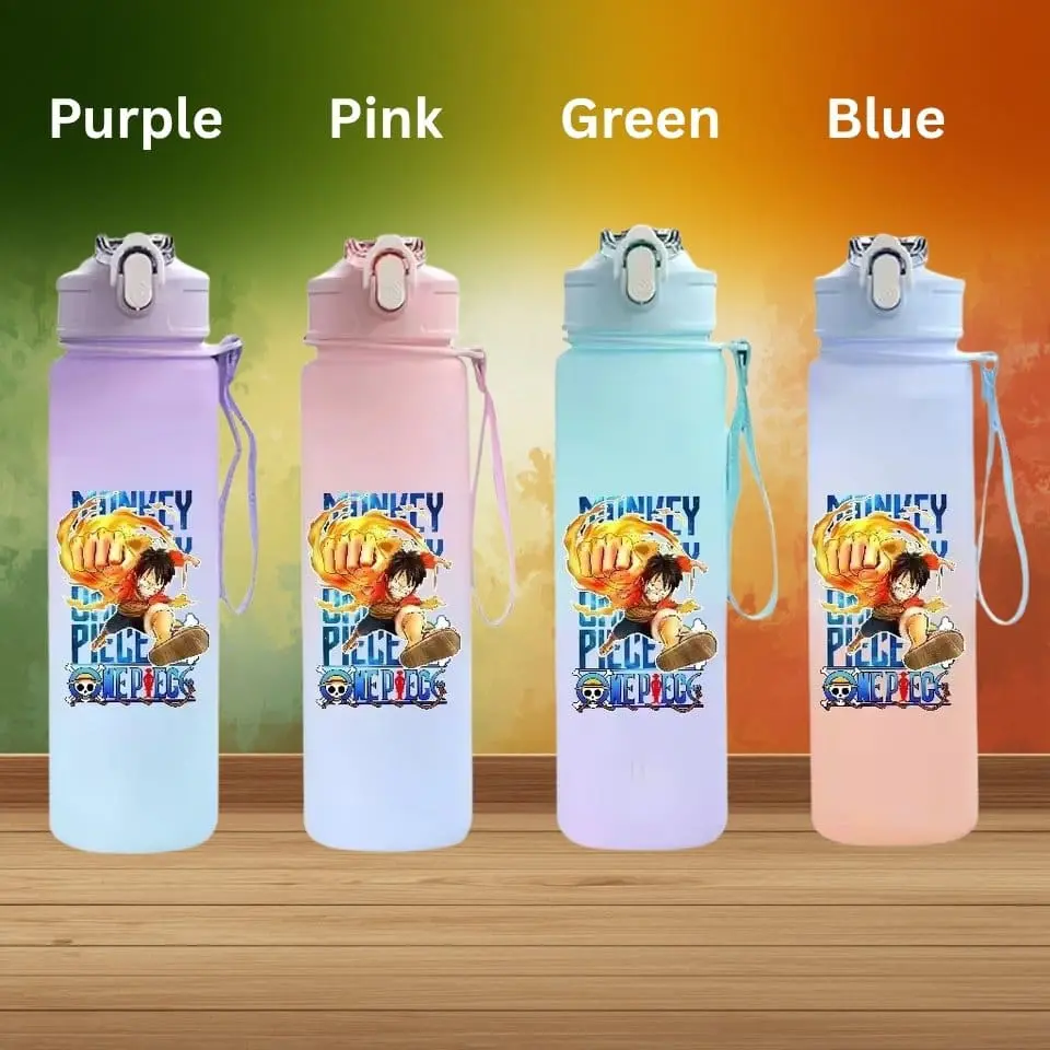 Row of four pastel-colored water bottles in Purple, Pink, Green, and Blue, each with a One Piece graphic on the front.