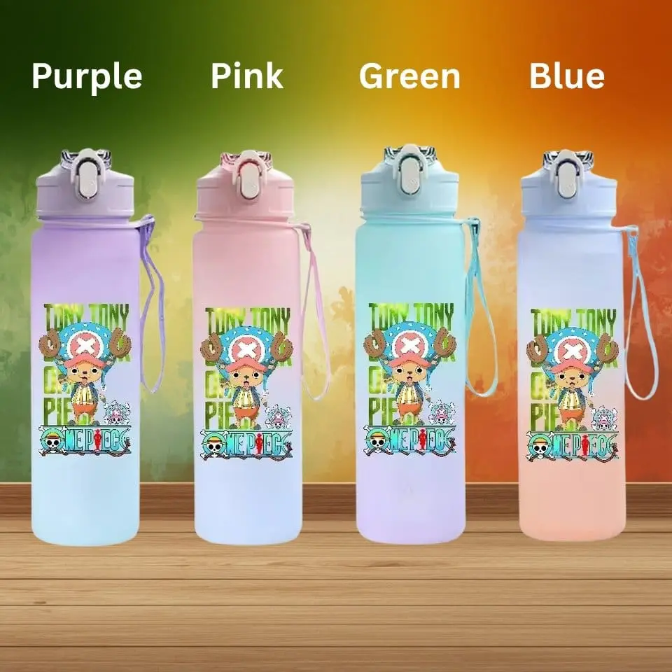 Four pastel water bottles in a row: purple, pink, green, and blue, each with a One Piece character graphic and matching straps.