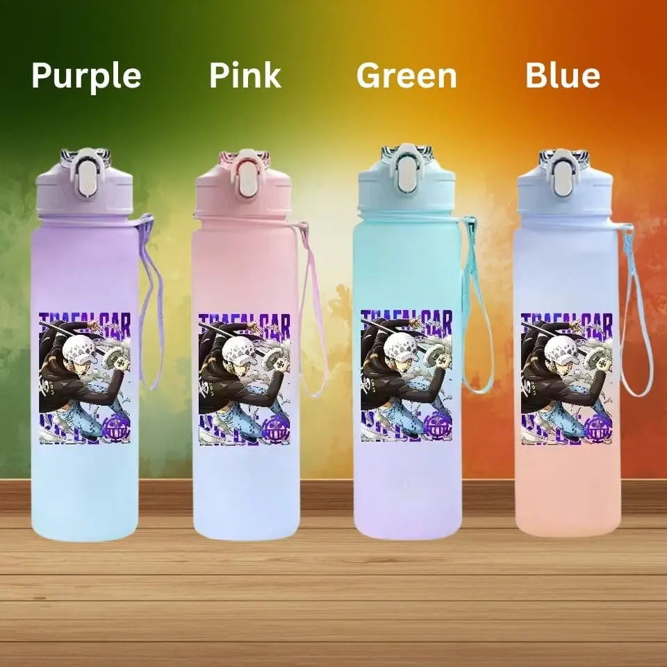 Four colored water bottles labeled Purple, Pink, Green, and Blue, standing on a wooden surface with stamped graphics on each bottle.