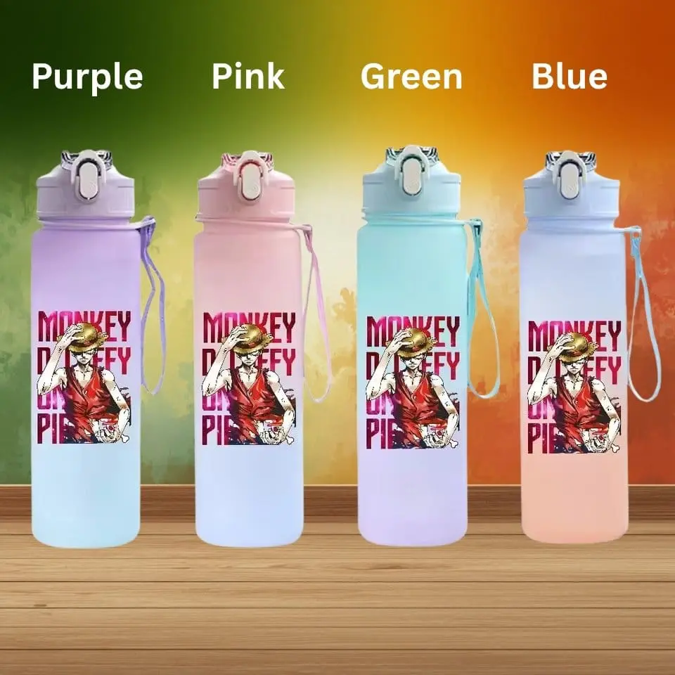 Four pastel water bottles—purple, pink, green, and blue—each with a cartoon monkey graphic and a strap, on a wooden floor with a colorful gradient background
