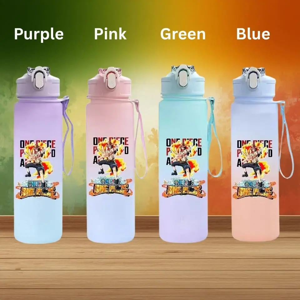 Four pastel reusable water bottles in purple, pink, green, and blue on a wooden floor, against a rainbow backdrop.