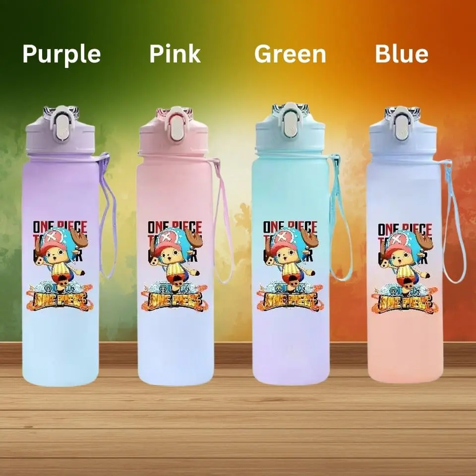 Four pastel water bottles with a One Piece logo, arranged in a row in purple, pink, green, and blue on a wooden surface.