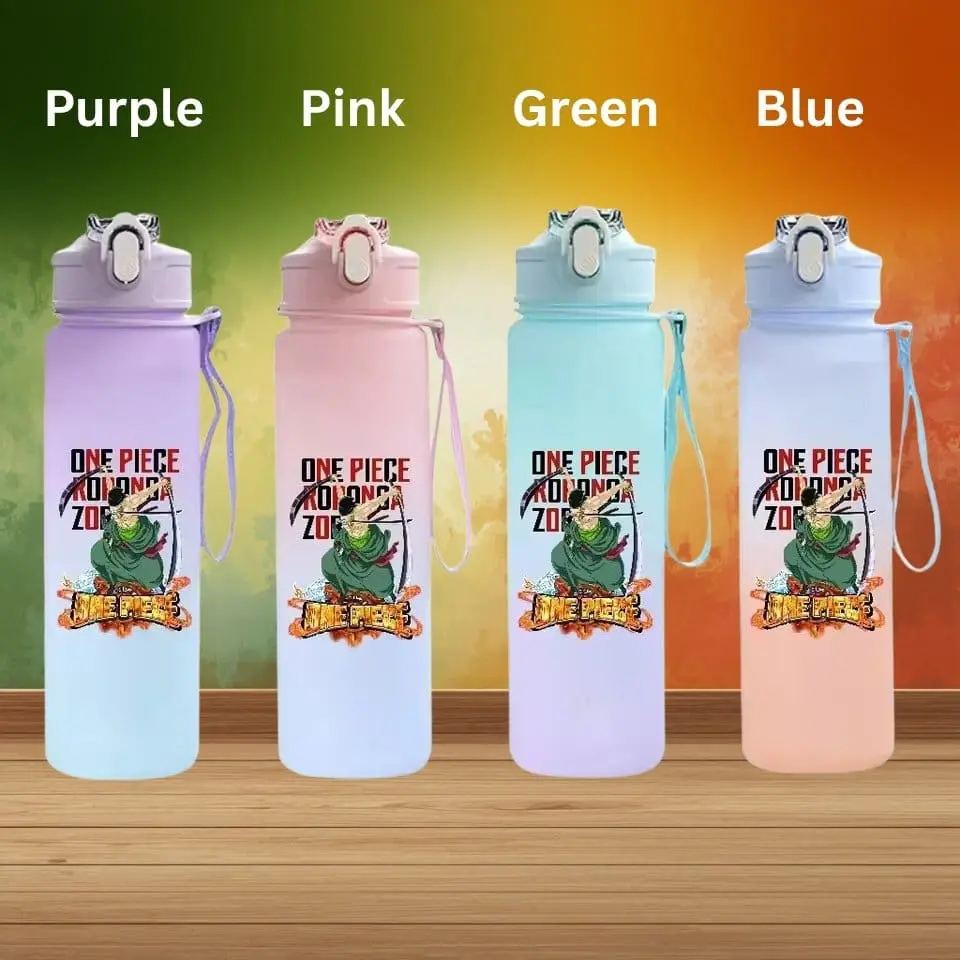 Four pastel water bottles in purple, pink, green, and blue from left to right, each featuring a One Piece logo design on the front with a strap.