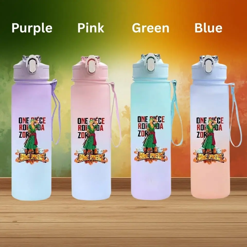Four pastel water bottles lined up on a wooden surface, labeled Purple, Pink, Green, and Blue, each featuring One Piece artwork.