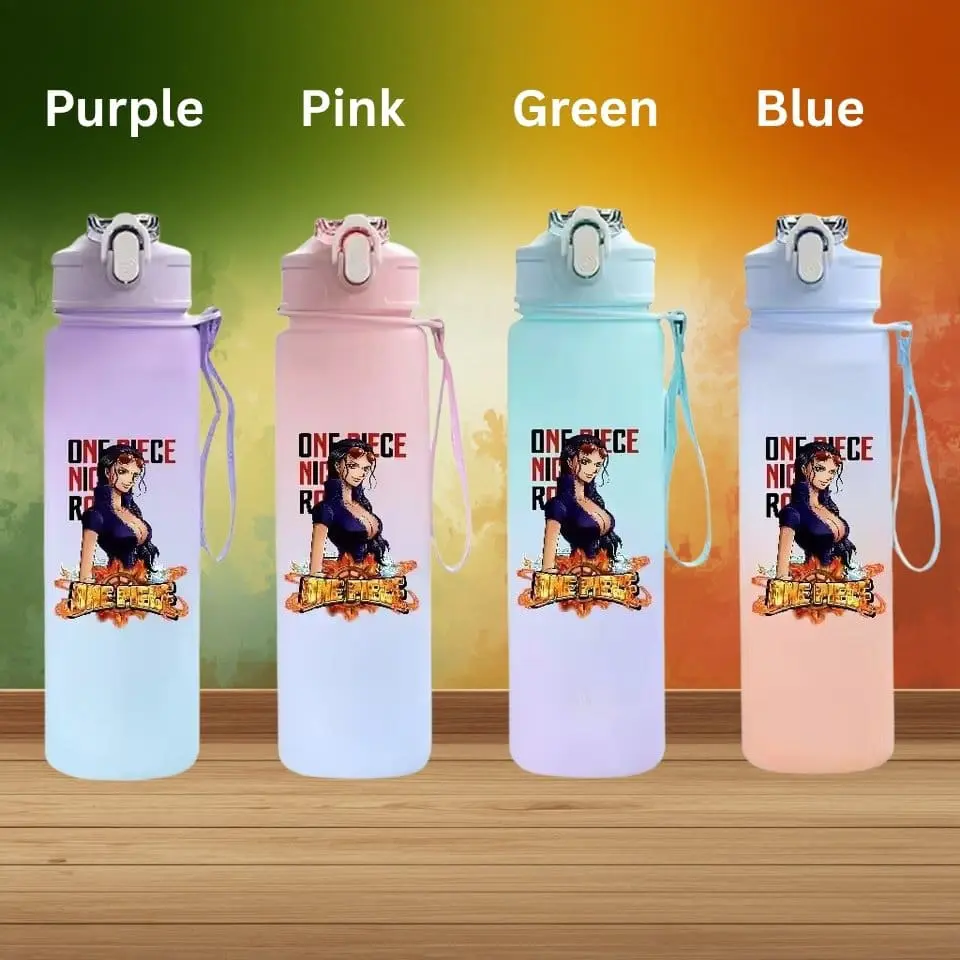 Four pastel water bottles in a row, labeled Purple, Pink, Green, and Blue, each featuring an anime character and the One Piece logo against a colorful gradient background.