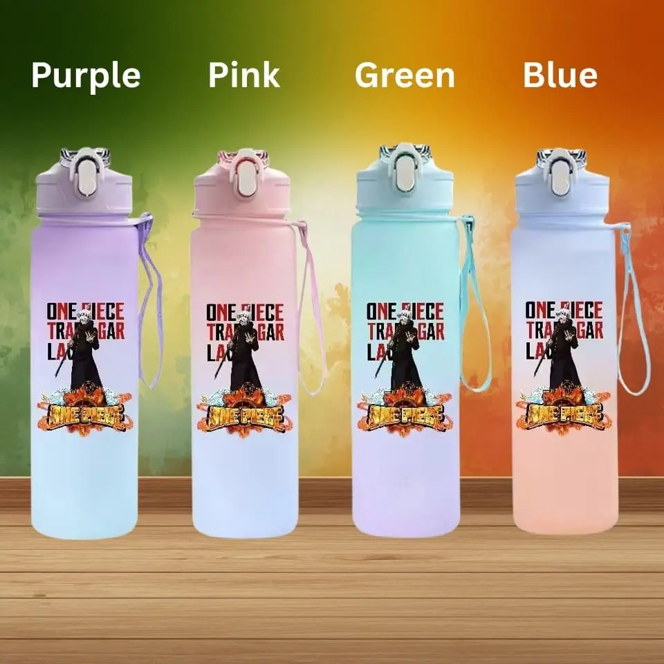 Four pastel water bottles in purple, pink, green, and blue with a 'One Piece' graphic, standing on a wooden surface against a rainbow gradient backdrop.