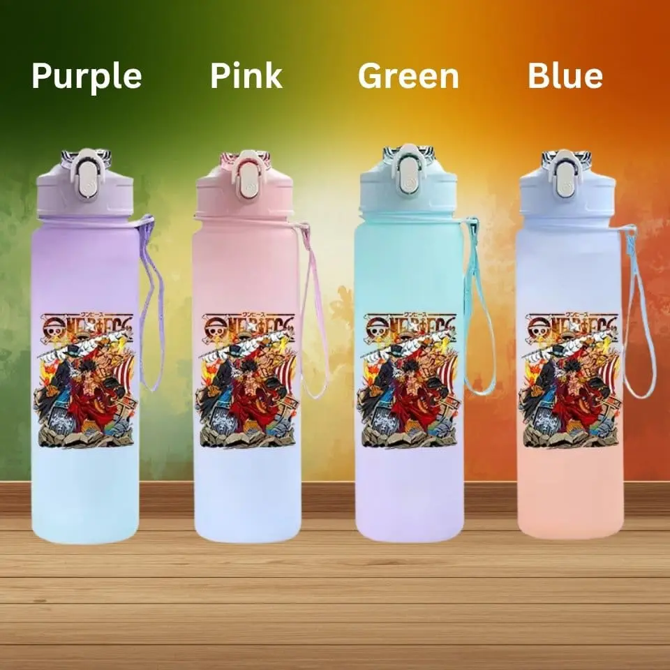 Four pastel water bottles in purple, pink, green and blue with a colorful graphic label, lined up on a wooden surface.
