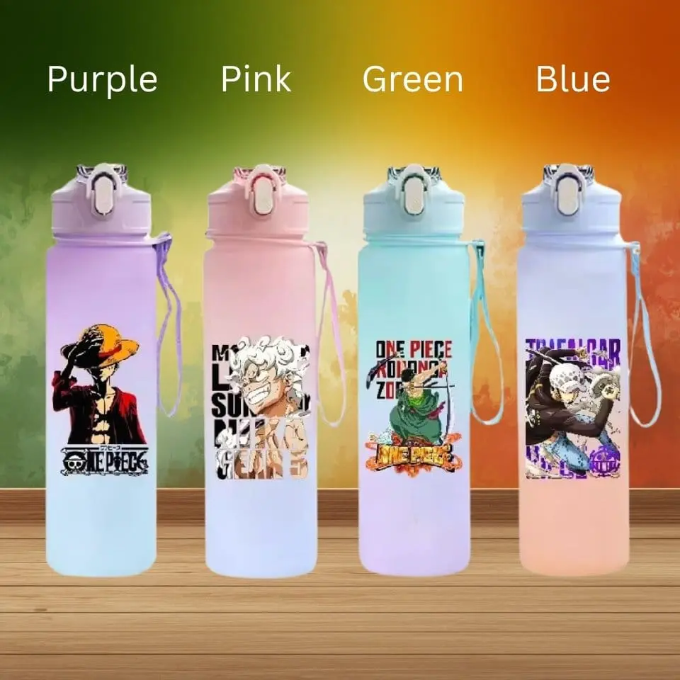 Four water bottles in purple, pink, green, and blue with anime character decals lined up on a wooden surface. Above each bottle is its color name: Purple, Pink, Green, Blue.